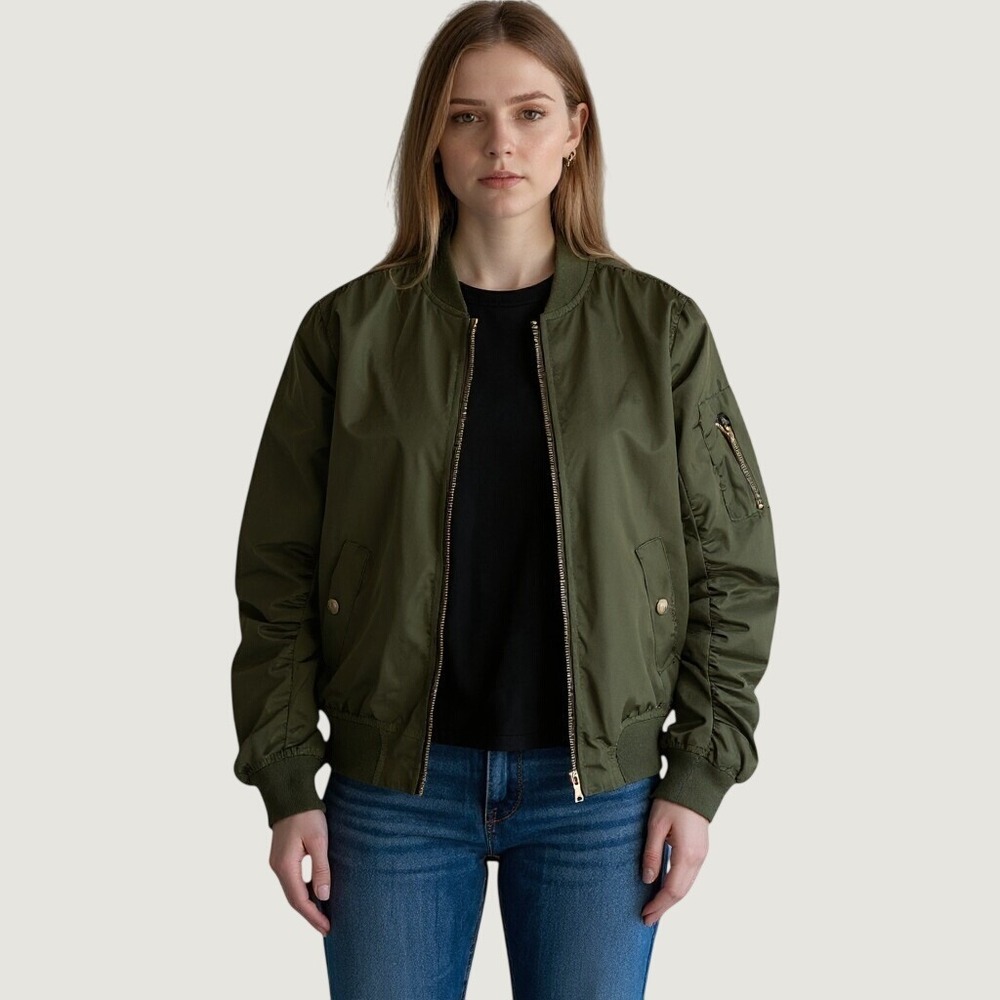 Inso Collection Olive Green Bomber Jacket Womens Medium Ruched Sleeve MA-1 Style